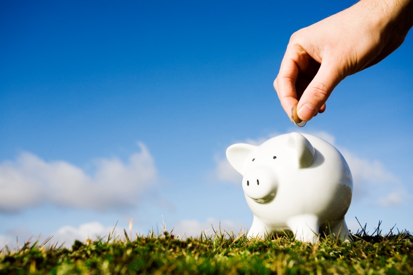 White piggy bank on lawn